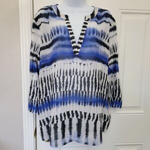 Chico's Blue Black White Geometric Print V Neck Blouse Size 2 US 12/14 Large
